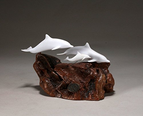 Dolphin Family Sculpture by John Perry Pellucida Burlwood Base Smaller version Figurine Statue 6in Long