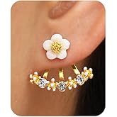 Fanquility Bohemian Flower Jacket Earrings Elegant Daisy Flower Rhinestone Stud Earrings Simple Stylish Crystal Front Back Earrings Cubic Zircon Ear Studs Jewelry for Women Girls