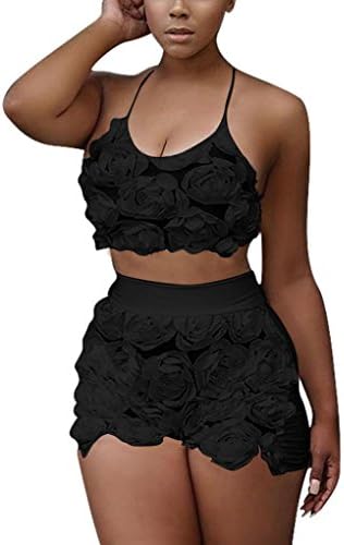 YJYdada Fashion Women's Vest Short Pants 2 Piece Set Flower Split Casual Sleeveless Outfit Plus Size (S, Black)