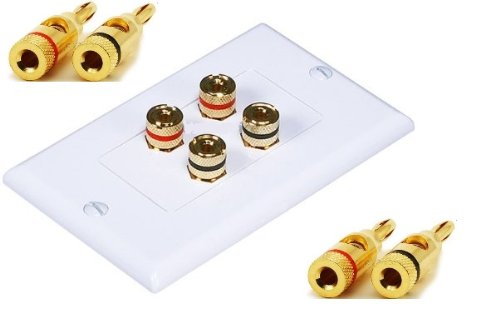 High Quality Banana Binding Post Two-Piece Inset Wall Plate for 4 Speakers - Coupler Type W/ 4 pairs of banana plug (2 Speakers)