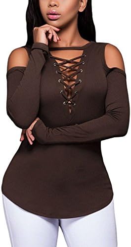 Ruyan Women's Sexy Cold Shoulder Ribbed Long Sleeve V Neck Lace-Up Shirt Blouse Tops