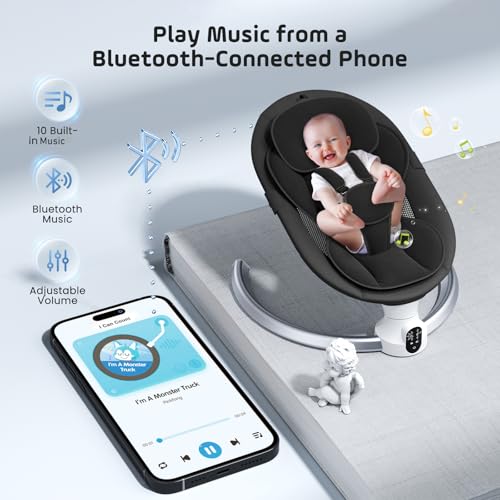 Electric Baby Rocking Chair, 0-9 kg, Baby Hammock with Bluetooth and Remote Control, Foldable Baby Rocking Chair with 5 Point Harness, Sun Visor and Mosquito Net