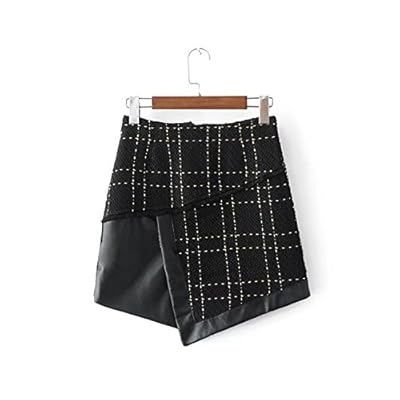 All-Match Slim Patchwork of Leather Fight Tweed Skirt Chic Plaid Mini Skirt