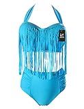 Surenow's Plus Size Padded Fringe High Waisted Tassels Braided Top Sets Print