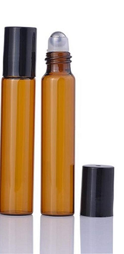 CMJ 2 x 10ml Amber Roller Ball Empty Bottles Essental Oils Metal Roller Ball Roll On BLACK Lid UK SELLER