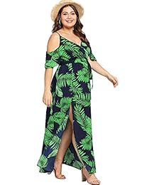 Maxi vestido de verano tropical con dobladillo con abertura floral y hombros descubiertos para dama