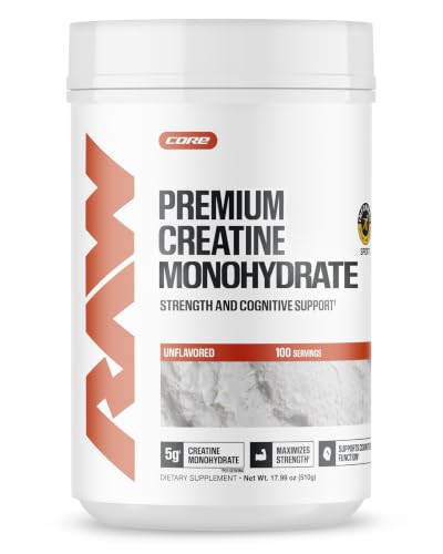 RAW Nutrition Creatine Monohydrate Powder, Unflavored (100 Servings) - Micronized Creatine Monohydrate Supplement for Workout Performance, Build Muscle & Strength - Creatine Powder for Men & Women