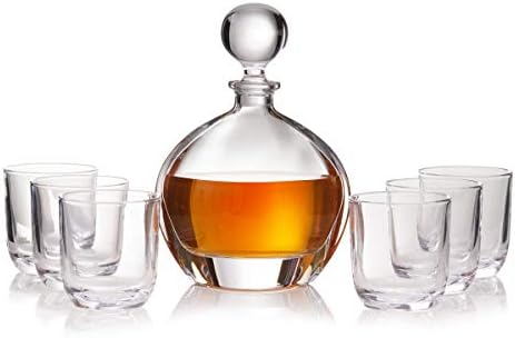 Orbit Crystal Decanter and Whiskey DOF Glasses Set of 7-piece with Large Stopper, Old Fashioned Bar Set, for Whiskey, Liquor, Scotch, Bourbon - 6 x 9.4 Ounces / 280 Milliliters