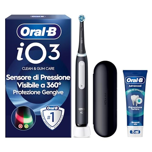 Oral-B iO 3 Spazzolino Elettrico, 1 Testina di Ricambio, Custodia, Nero - 1 Testine di Ricambio per Spazzolino Elettrico, Ricaricabile, Custodia da Viaggio + Dentifricio Advanced Prevenzione Tartaro
