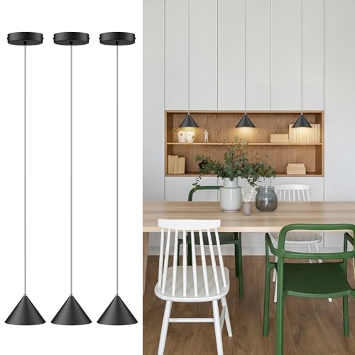 lundwa LED Suspension Lamp Conical Aluminium, 3PCS Hanging Lamps Bedside Table – Modern Design 12W 3000K 800LM Adjustable Textile Cable for Kitchens Dining Room, Bedroom, Coffee (Black)