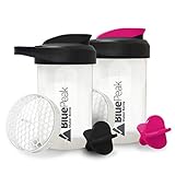 BluePeak Protein Shaker Bottle 20-Ounce, with Dual Mixing Technology. BPA Free, Shaker Balls & Mixing Grids Included (Black & Pink)