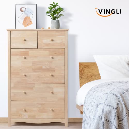VINGLI Unfinished Natural Solid Wood 6 Drawer Dresser for Bedroom