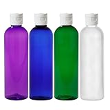 MoYo Natural Labs BPA Free Psychedelic Quad 4 oz Toiletry Bottle 4 Oz bottle Refillable Container Made in USA Violet Green Blue Purple with White Flip Top No Leak Caps Pack of 4