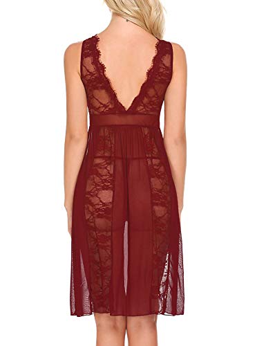 Avidlove Womens Sexy Long Red Lace Lingerie Nightdress Sheer Nightgown Chemise,Medium,Dark Red - Thumbnail 5