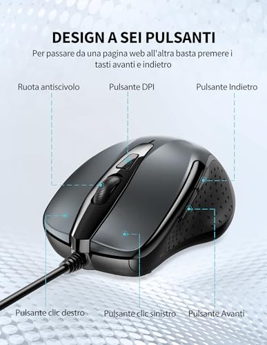 TECKNET PRO Wired Mouse, 6400 DPI Wired Optical Mice, 6 Buttons, 1.5M USB Cable, Plug and Play, Ergonomic Wired Mouse for PC, Computer, Laptop - Grey