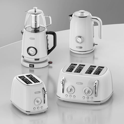 Feller Germany, Retro Style 4-Slice Toaster, 1630 W, Steel Body, 2 Dust Covers & 2 Bun Warmers, Defrost, Reheat& Cancel, 4 Extra wide Bread Slots, Metal Crumb Tray, TO490, 2Y Guarantee (Glossy White)