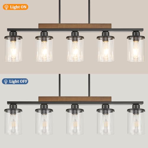 Feohak 5-Light Dining Room Light Fixture,Farmhouse Black Metal and Wood Kitchen Island Light with Glass Shade