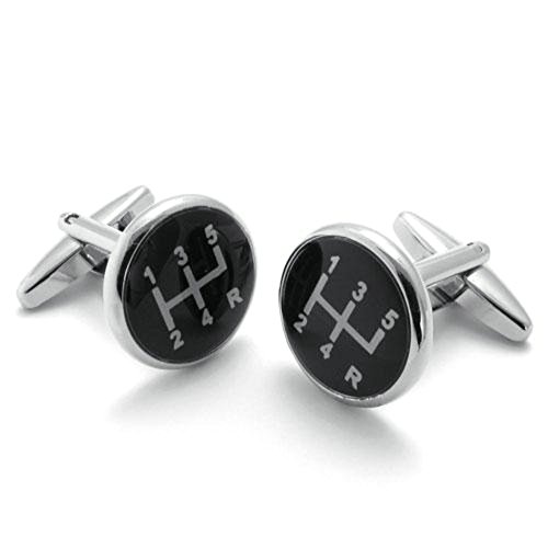 2pcs 5 Speed Sport CAR Manual Stick Shifter Shirts Men's Cufflinks, Black Silver, 1 Pair Set