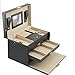 Black Jewelry Box Case Lockable Mirrored Storage Organizer Faux Leather and Beige Velvet