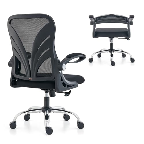 HOLLUDLE Ergonomic Office Chair with Foldable Backrest, Computer Desk Chair with Widened Seat(52 CM), Flip-up Armrests, Mesh Lumbar Support and Tilt Function, Black
