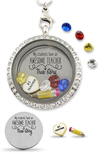 "Awesome Teacher" Floating Charm Living Memory Locket Magnetic Closure 30mm Stainless Steel Pendant Necklace with Crystal Charms