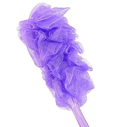 FOK Long Handle Bath Body Brush Loofa Sponge Nylon Mesh Scrubber Shower Pouf with Tik Tak Clip (Random Colour)