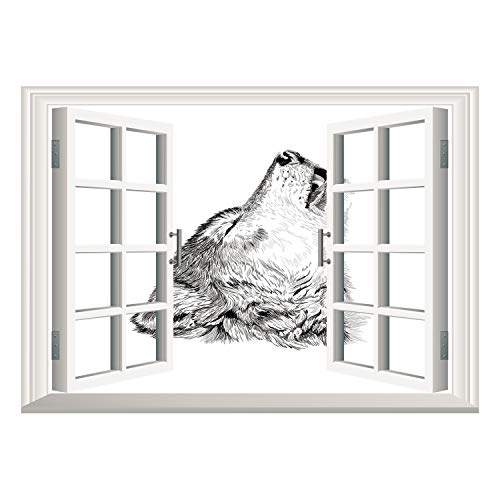 SCOCICI Wall Sticker,Window Looking Out Into/Wolf,Hand Drawn Monochrome Sketch of a Howling Canine Tattoo Pattern Illustration Decorative,Black Grey White/Wall Sticker Mural