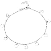 Vanbelle Sterling Silver Jewelry - Rhodium Plated 925 Stamp - Dangling Open and Close Heart Charm Anklet - Foot Jewelry Stylish Beautifully Designed - 9" Long + 1" Extender