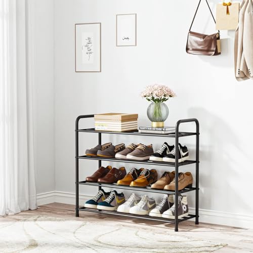 FANHAO Enhanced 4 Tier Stainless Steel Shoe Rack, Shoe Rack Organizer for 12-16 Pairs of Shoes, for Living Room, Wardrobe, Hallway, 68 x 26 x 65 cm (Matt Black)