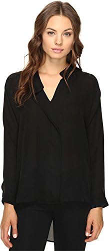 HEATHER Women's Long Sleeve Silk Collared Blouse Black Blouse LG
