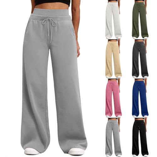 Women’S Wide Leg Sweatpants Drawstring Elastic Waist Fleece Lined Joggers Womens Solid Color Ladies Lounge Pants with Pockets Loose Comfort High Waisted Yoga Pants Winter Warm Tracksuit Bottoms Grey