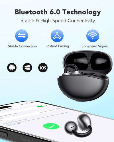 Clip on Bluetooth Earphones Open Ear Earbuds, Air Conduction Wireless Headphones, Ultra-Comfort, Lightweight, Clear Calls, IPX5 Waterproof, with Mic for Phone Sports Workout, Black