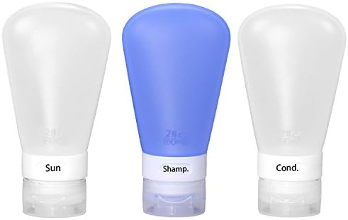 Fantcen Soft Travel Bottles, Leakproof Silicone Squeezable Travel Bottles Set, Refillable Portable Containers 2oz, Built - in Switchable Labels (Shamp./ Soap/ Lotion/ Cond./ Sun/ Empty)