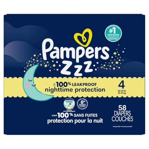 PAMPERS ZZZ OVERNIGHT DIAPERS, SIZE 4 (22-37 LBS), 58 COUNT, NIGHTTIME PROTECTION DISPOSABLE BABY DIAPER, NIGHT TIME LEAK AND SKIN PROTECTION