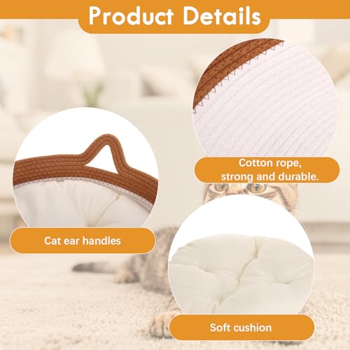 Zocipro Cotton Rope Cat Bed with Cushion, 46 x 46 x 16 cm, Large Round Washable Bed with Ball Toy in Cotton Rope