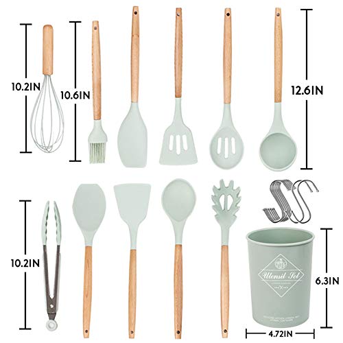 Silicone Kitchen Utensils Set 12pcs Cooking Utensils Set With Hook Bpa Free Non Toxic Kitchen Gadgets Set Heat Resistant Kitchen Tool Set With Wooden Handle Kitchen Utensils Gift Green In Dubai Uae Whizz Utensil