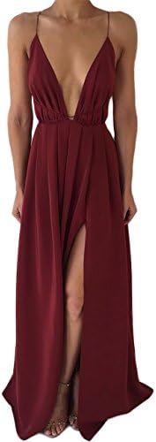 DUBACH Womens Chiffon Spaghetti Strap Deep V Neck High Slit Maxi Beach Dress