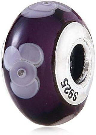 Purple Background with Violet Flower Murano Glass Beads Soulove Charm 925 Sterling Silver Core Fits Major European Brand Jewelry Bracelet