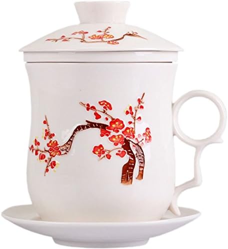 BandTie Convenient Travel Office Loose Leaf Tea Brewing System-Chinese Jingdezhen Blue and White Porcelain Tea Cup Infuser 4-Piece Set with Tea Cup Lid and Saucer ,Red Wintersweet