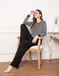 Ekouaer - Pijama para mujer con cuello en V suave a rayas y conjunto de pijama Capri
