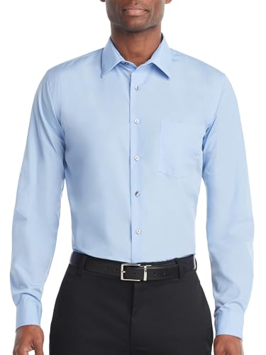 Van Heusen Men's Poplin Regular Fit Solid Point Collar Dress Shirt, Cameo Blue, 17.5" Neck 36"-37" Sleeve