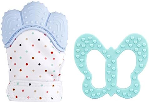 Teething Toys, Baby Teething Mitten,JAM LEE 1 PCS Baby Silicone Teething Soothing Relief Teether BPA FREE Safe Food Grade Teether Mitten + Butterfly Teether (Pastel Blue)