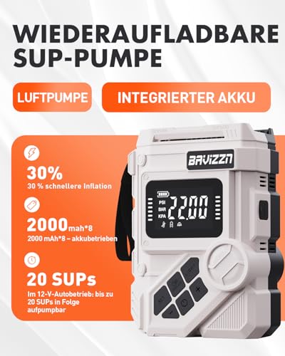BAVIZZN 22PSI Elektrische Sup pumpe Mit Akku 12VDC Stand Up Paddle Pumpe Elektrisch Akku 59.2WH Typ-C-Anschluss Inflator & Deflator für Paddle-Board,Boot,Kayaks,Wassersport