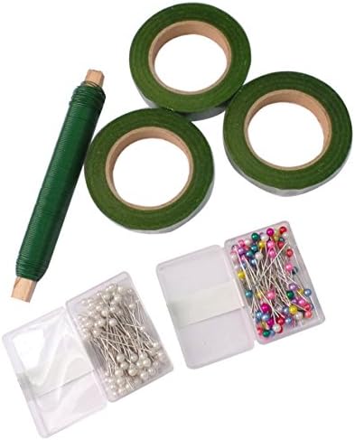 Floral Arrangement Tool Kit 3 Rolls Floral Tape for Stem Wrap, Green Floral Wire and 200 Pieces Ball Head Pins