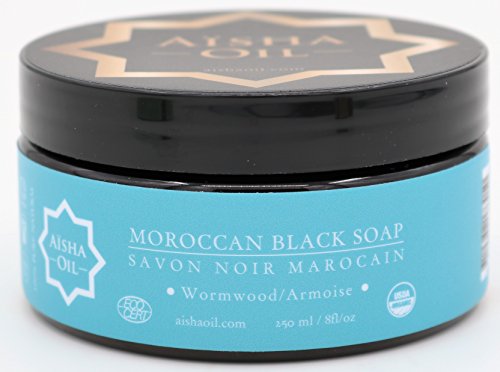 Pure Organic Moroccan Black Soap Wormwood - Aisha Oil - Exfoliating Scrub Soap (250ml - 8fl/oz, Wormwood)