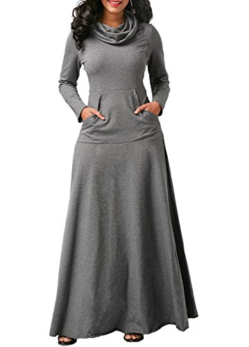 Corala Women's Long Sleeve Cowl Neck Plain Loose Casual Long Dress Maxi Dresses With Pocket