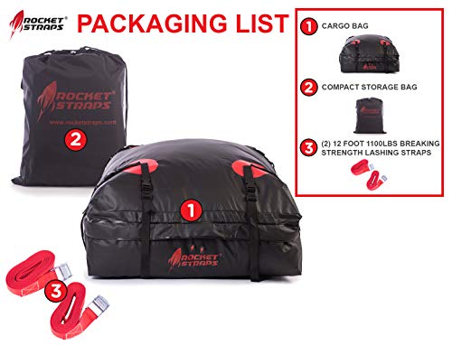 Rocket Straps| Car Top Carrier | Roof Bag Storage | Use Car Carriers Rooftop Luggage Carrier with Roof Racks & Cross Bars | 100% Waterproof PVC 15 cuft RoofBag | Inc Carrier Bag & (2) Lashing Straps