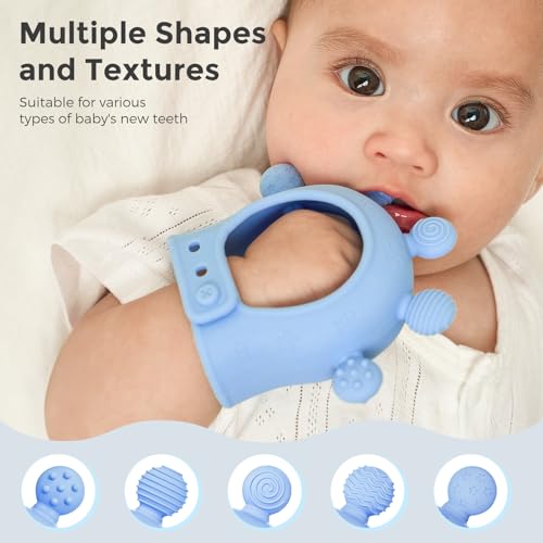 Momcozy Baby Teether Toys | Food Grade Silicone Teething Relief 0-6 Months | Toy 6-12 Months | Baby Essential | Yellow and Blue