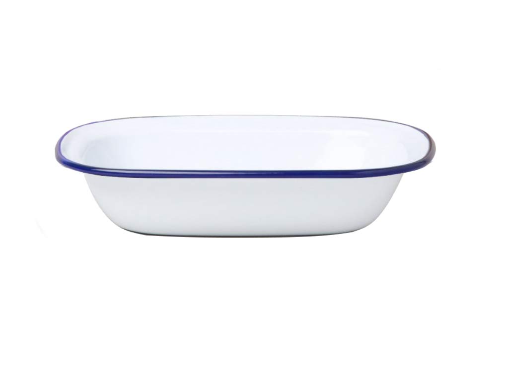 Dunlevy Enamel Oblong Pie Dish, Heavy Gauge Alloy Steel with Porcelain Coating, Oven Safe to 270°C, Dishwasher Freezer Safe, White with Blue Rim, 22 cm