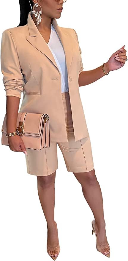 Blazer Shorts Set for Women 2024 Two Piece Outfits One Button Up Jacket and Bermuda Short Suits Apricot L at Amazon